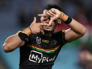 SYDNEY, AUSTRALIA - MAY 02:  Taylan May of the Panthers celebrates after scoring a try during the round nine NRL match between South Sydney Rabbitohs and Penrith Panthers at Accor Stadium on May 02, 2024, in Sydney, Australia. (Photo by Cameron Spencer/Getty Images)