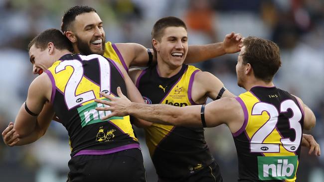 Shane Edwards and his Tiger teammates celebrate a goal. Picture: Getty Images