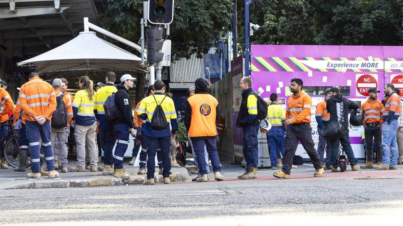 Brisbane Cross River Rail workers outside the Albert Street worksite. Picture: Richard Walker