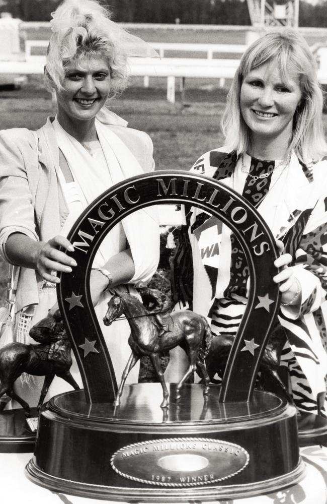 Snippets’ trainer Sally Rogers and Jane Augustine with the inaugural Magic Millions 2YO Classic winning trophy in 1987. Pictures courtesy of Bluebloods magazine.