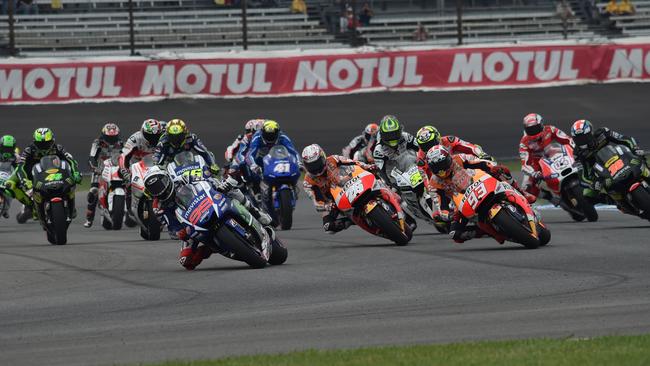 Lorenzo leads into the chicane on the first lap.