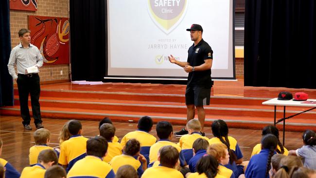 Jarryd Hayne returned to his primary school, John Warby Public School in Airds, to talk to kids about cyber bullying. Picture: Gregg Porteous