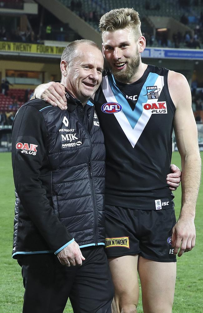 Jackson Trengove with Ken Hinkley after Port’s thrilling win over St Kilda a fortnight ago. Picture: Sarah Reed.