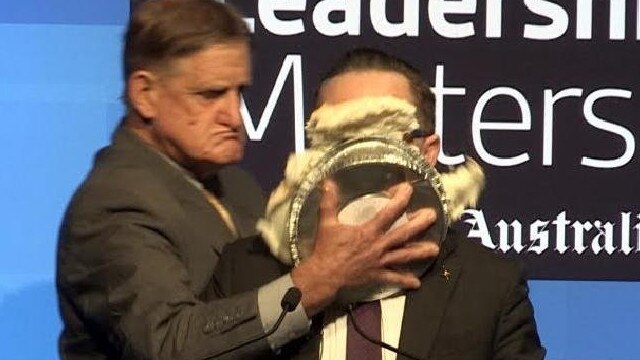 Qantas CEO Alan Joyce had a cream pie smashed on his face in 2017 after being attacked by Tony Overheu, 67, who came from back stage at a leadership breakfast in Perth during the same-sex marriage referendum campaign. Overheu pleaded guilty in the Perth Magistrates Court to assault and trespass and was fined $3000.