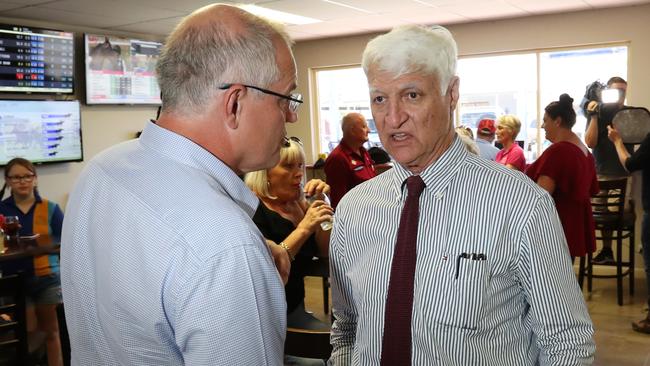 Prime Minister Scott Morrison with Bob Katter at Gannons Pub in Julia Creek. Photo: Nigel Hallett