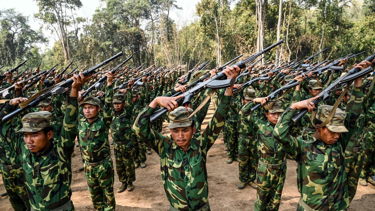 Violence in Myanmar has escalated since a military-backed coup of the democratically-elected government in 2021. Pictured are members of the ethnic rebel group Ta'ang National Liberation Army (TNLA) during a training exercise. Picture: AFP