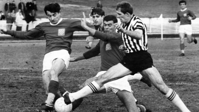 Steve Herczeg, right, is challenged by Croatia defenders Frank Balter and Peter Basic while playing for Juventus in 1968.