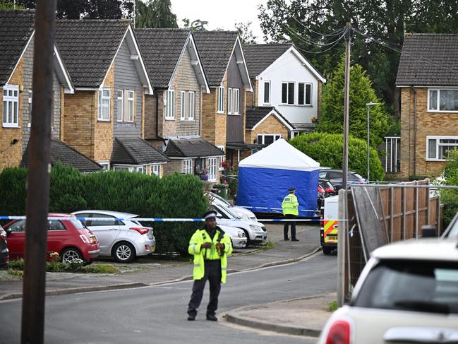 Police officers survey the crime scene in Ashlyn Close in Bushey, Picture: Getty Images
