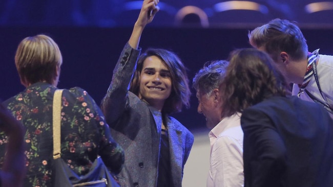 Isaiah Firebrace celebrates making it into the finals of the Eurovision 2017 contest. Picture: AP