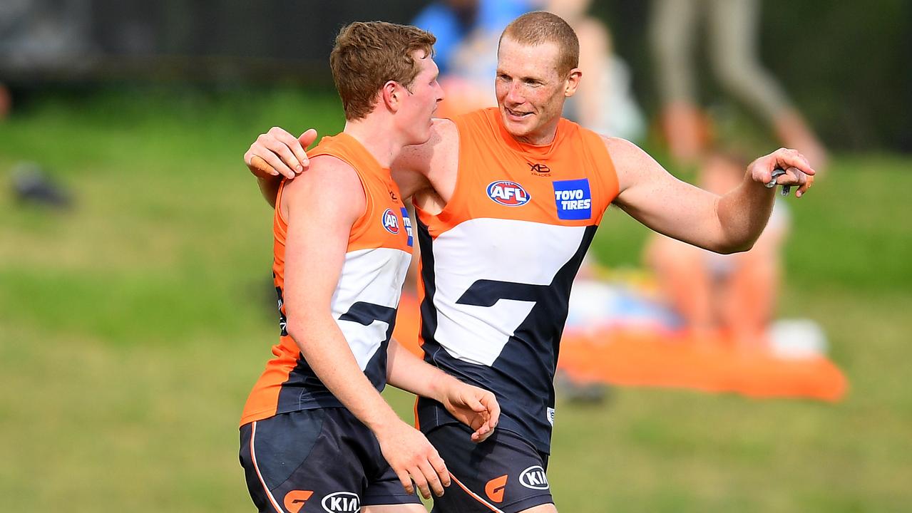 Tom Green and Sam Jacobs stepped up in the absence of a number of best 22 players for GWS. Photo: Dan Himbrechts/AAP Image.