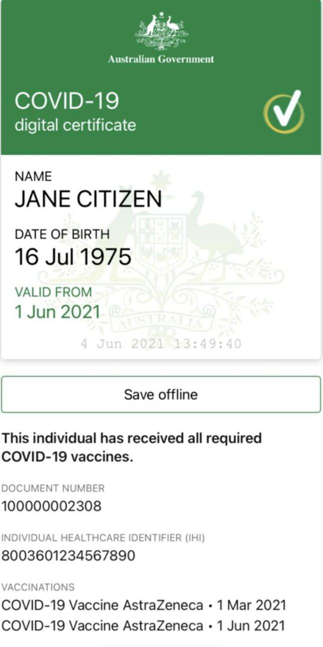 A sample of an Australian Government Covid-19 digital vaccine certificate