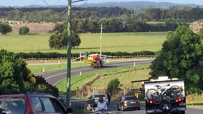 The Westpac Rescue Helicopter landed on Ross Lane near Lennox Head to transport a motorcyclist injured in a crash. Picture: Marc Stapelberg