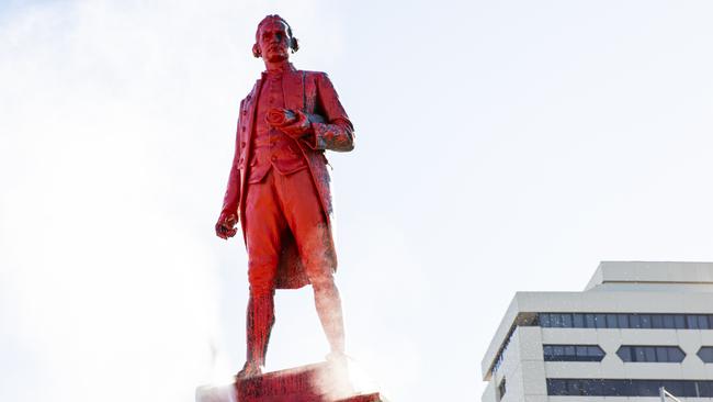 Invasion Day protesters also went after this Captain Cook statue in St Kilda, Melbourne, painting it red. Picture: Getty Images