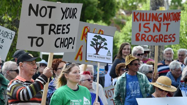 The crowd of protesters rally to save 83 Glenside Hospital trees. Picture: Roger Wyman