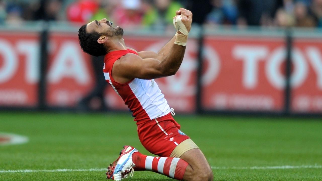 Adam Goodes’ iconic reaction at the end of the AFL Grand Final 2012 at the MCG. Picture: Wayne Taylor.