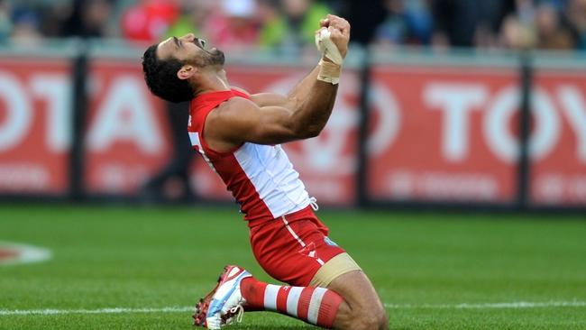 Adam Goodes’ iconic reaction at the end of the AFL Grand Final 2012 at the MCG. Picture: Wayne Taylor.