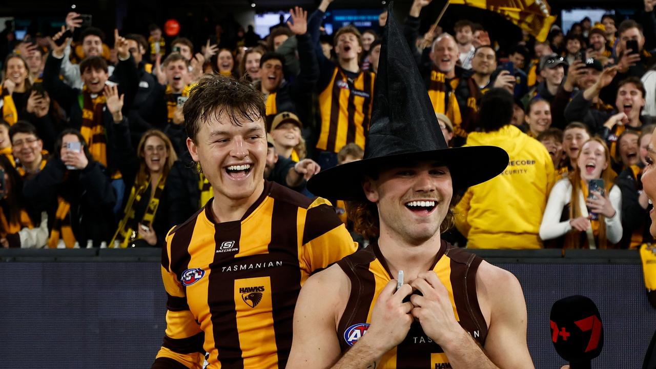 MELBOURNE, AUSTRALIA - SEPTEMBER 06: Jack Ginnivan (left) and Nick Watson of the Hawks are interviewed by Abbey Holmes during the 2024 AFL Second Elimination Final match between the Western Bulldogs and the Hawthorn Hawks at The Melbourne Cricket Ground on September 06, 2024 in Melbourne, Australia. (Photo by Michael Willson/AFL Photos via Getty Images)