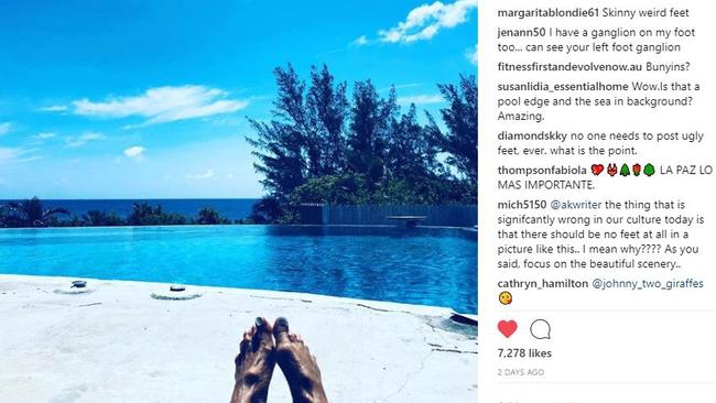 Elle Macpherson’s feet have caused a weird controversy in the comments section of her Instagram account. Picture: Instagram