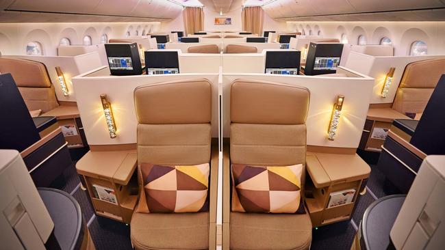 The business class cabin on Etihad’s Boeing 787-9 Dreamliner.