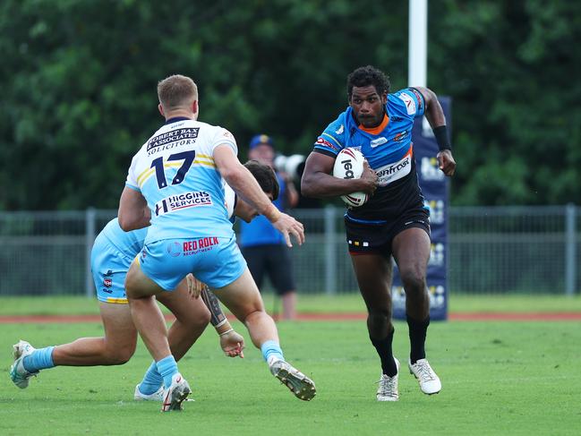 Pride's Terrence Casey-Douglas charges into the Norths line in the Hostplus Cup Queensland Rugby League (QRL) match between the Northern Pride and the Norths Devils, held at Barlow Park. Picture: Brendan Radke