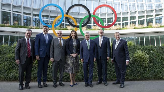 The Star’s John O’Neill, Labor MP Milton Dick, SEQ Mayors’ Mark Jamieson, Premier Annastacia Palaszczuk, IOC president Thomas Bach, Fairfax MP Ted O’Brien and AOC president John Coates. Picture: Greg Martin/IOC