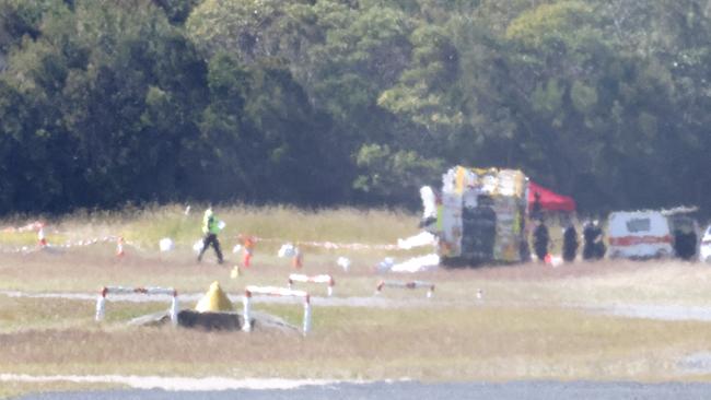 The scene of the crash at Caboolture airfield on Friday morning. Picture: Steve Pohlner