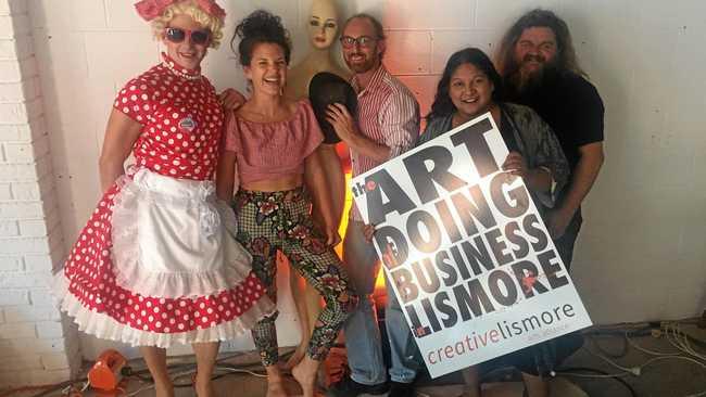 BACK IN BUSINESS: Jesse-Belle with Katie Cooper-Wares,  Phil Blackman, Sunita Bala and Jeb Schulz at the launch of Creative Lismore's first activated space for artists affected by the flood in collaboration with  Lismore Square and Realartworks and Lismore City Council. Picture: Sophie Moeller