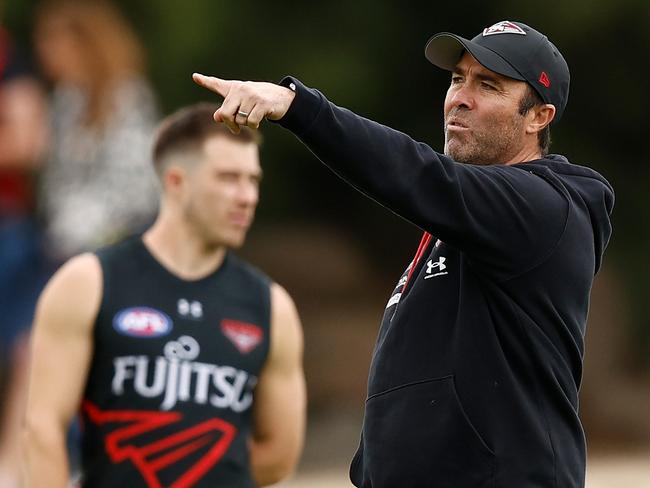 MELBOURNE, AUSTRALIA - JANUARY 22: Brad Scott, Senior Coach of the Bombers looks on during the Essendon Bombers training session at the NEC Hangar on January 22, 2024 in Melbourne, Australia. (Photo by Michael Willson/AFL Photos via Getty Images)