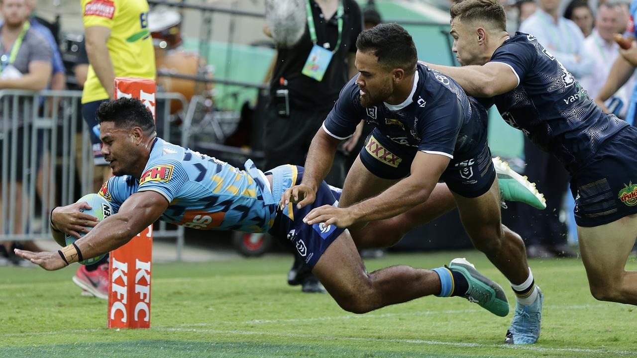 Greg Marzhew scores a try for the Titans in the NRL nines.