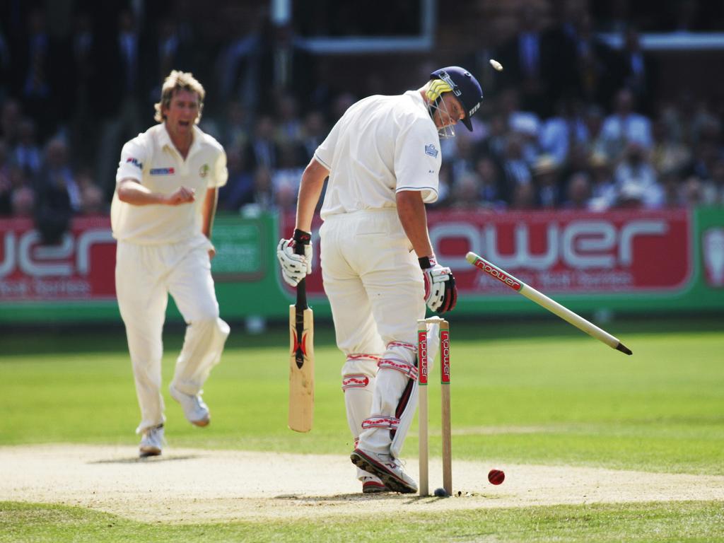 Glenn McGrath destroying stumps at Lord’s in 2005. Picture: Phil Hillyard