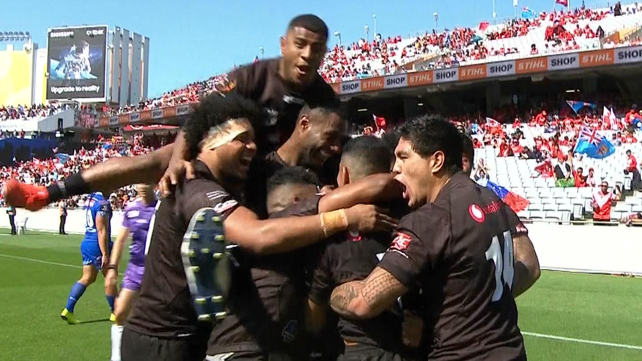 Fiji celebrate a try against Samoa.