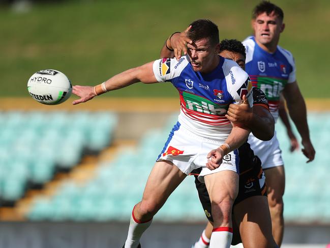 Newcastle's Jayden Brailey played with a busted ACL for 45 minutes of the match against the Wests Tigers. Picture: Brett Costello