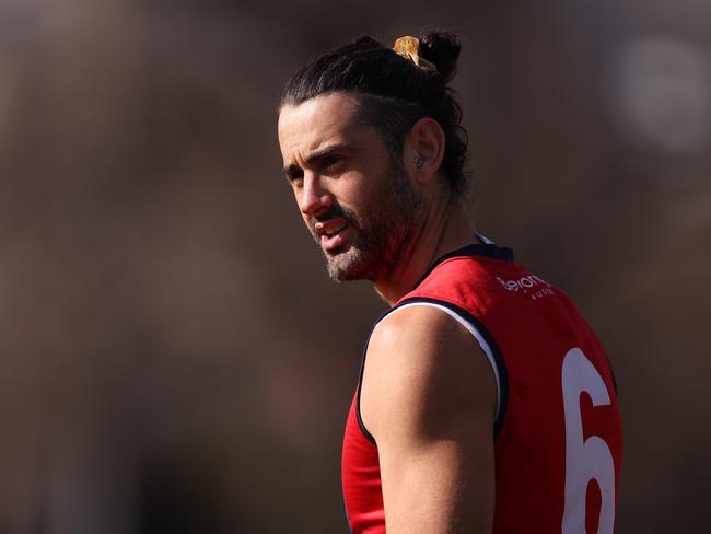 MELBOURNE, AUSTRALIA - SEPTEMBER 06: Brodie Grundy of the Demons looks on during a Melbourne Demons AFL training session at Gosch's Paddock on September 06, 2023 in Melbourne, Australia. (Photo by Robert Cianflone/Getty Images)