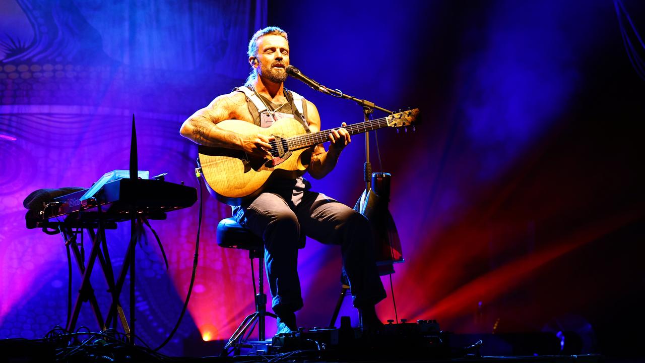 Xavier Rudd performs for a large crowd at Munro Martin Parklands during his Freedom Sessions Australian tour. Picture: Brendan Radke