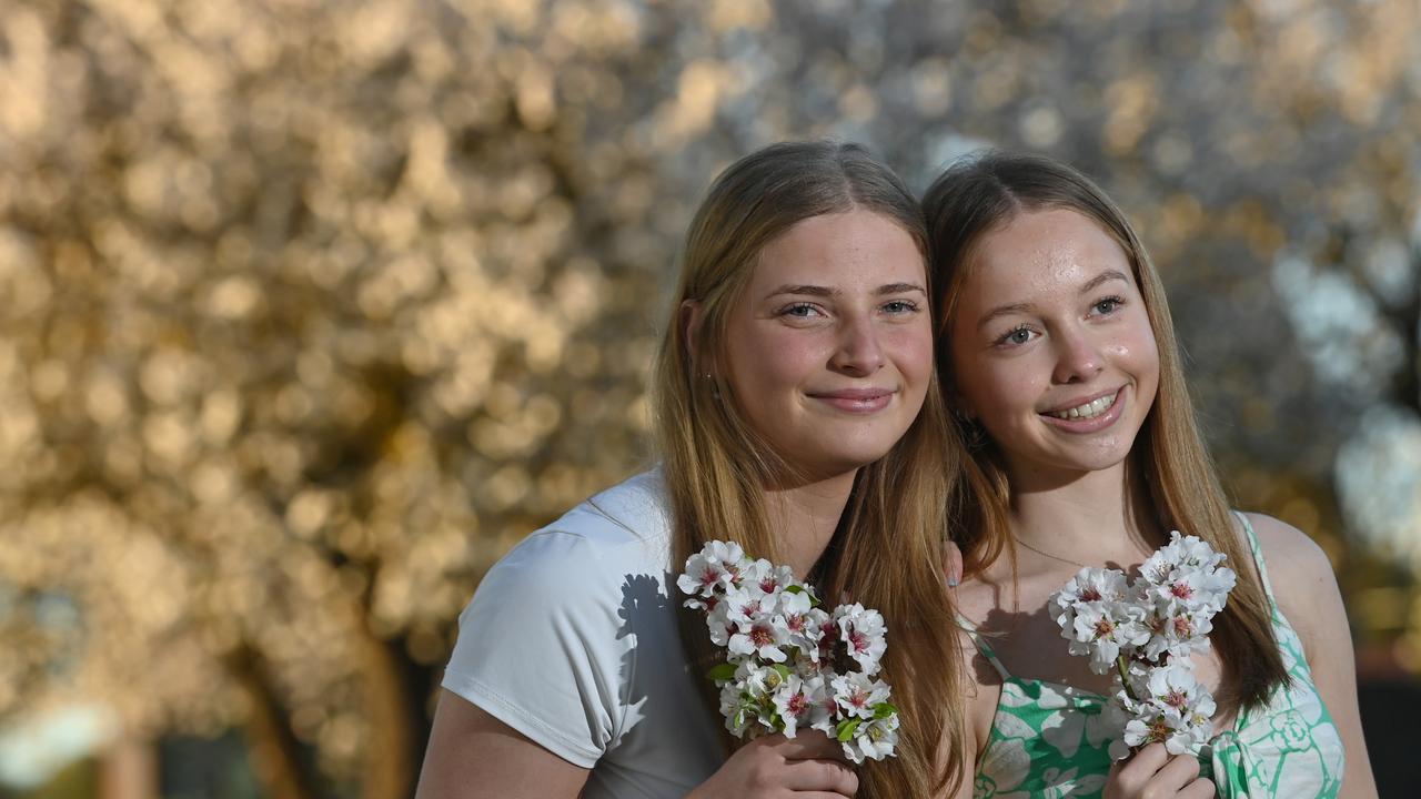 Friends India Stevens, 15, and Milla Bament-Green, 15, among spring almond blossom. Picture: Keryn Stevens