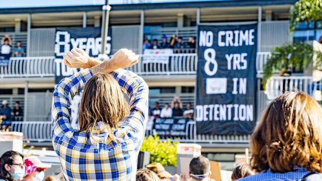 Refugee protest at Central Hotel and Apartments, Kangaroo Point. Picture: Richard Walker