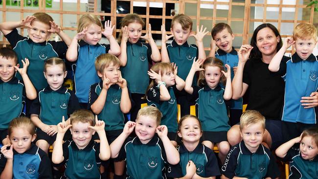 My First Year: Cooloola Cristian College Preps. (back) Melissa, Fletcher, Poppy, Eleanor, Austin, Eli. (middle) Avalan, Mrs Evans teacher, Judah, Mayah, Tate, Nicole, Bailey, Mrs Jones TA, Samuel. (front) Xander, Dustin, April, Quade, Luke, Esther, Jud, Stella. Picture: Patrick Woods.