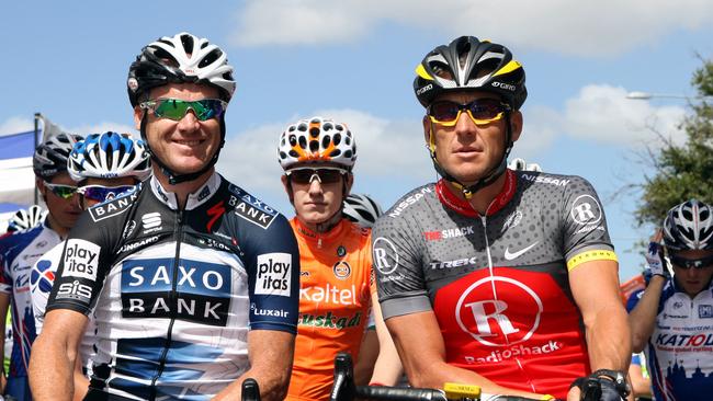 WHEEL FRIENDS: Stuart O’Grady and Lance Armstrong at the 2010 Tour Down Under. Picture: Sarah Reed