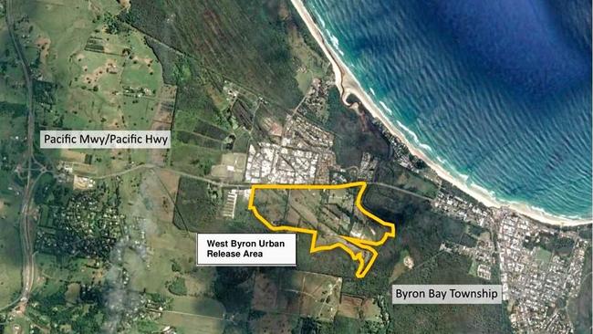 NEW SUBURB: A map showing the total area rezoned in 2014 to make way for a massive new housing estate on Byron Bay's western fringe. Picture: Contributed