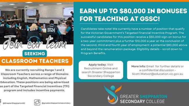 A job advertisement showing teachers being offered bonuses of up to $80,000 to work at Greater Shepparton Secondary College.