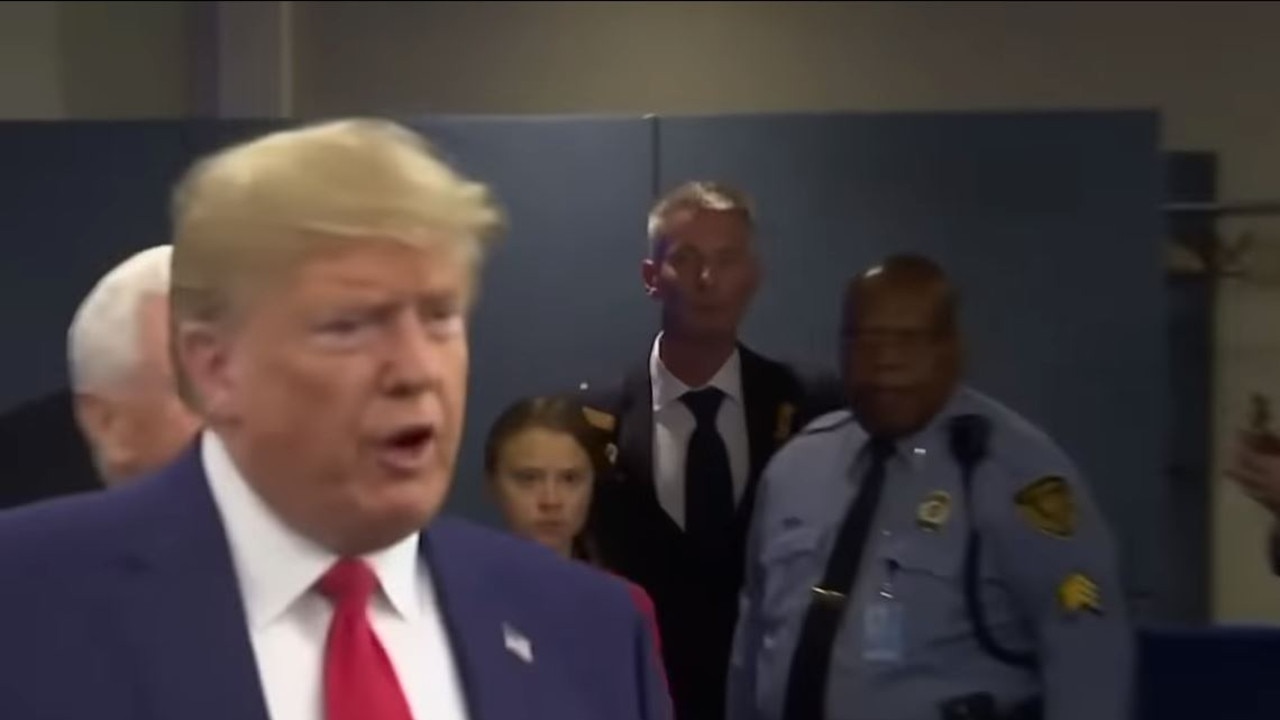 Greta Thunberg stared daggers at Mr Trump as he addressed reporters at the UN. Picture: Supplied