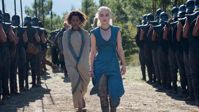 Missandei and Daenerys inspect the Unsullied, her fanatical army of spearmen.