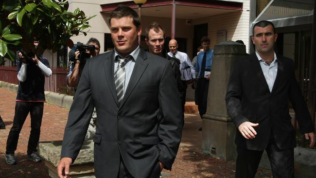 Former Newcastle Knights NRL player Danny Wicks leaves for a lunch break during his drugs trial at Newcastle Court, Newcastle.