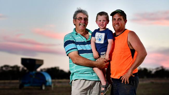 Jeff Baldock, his son Mark Baldock, and grandson Oscar Strauss at Kimba. Picture: Bianca De Marchi