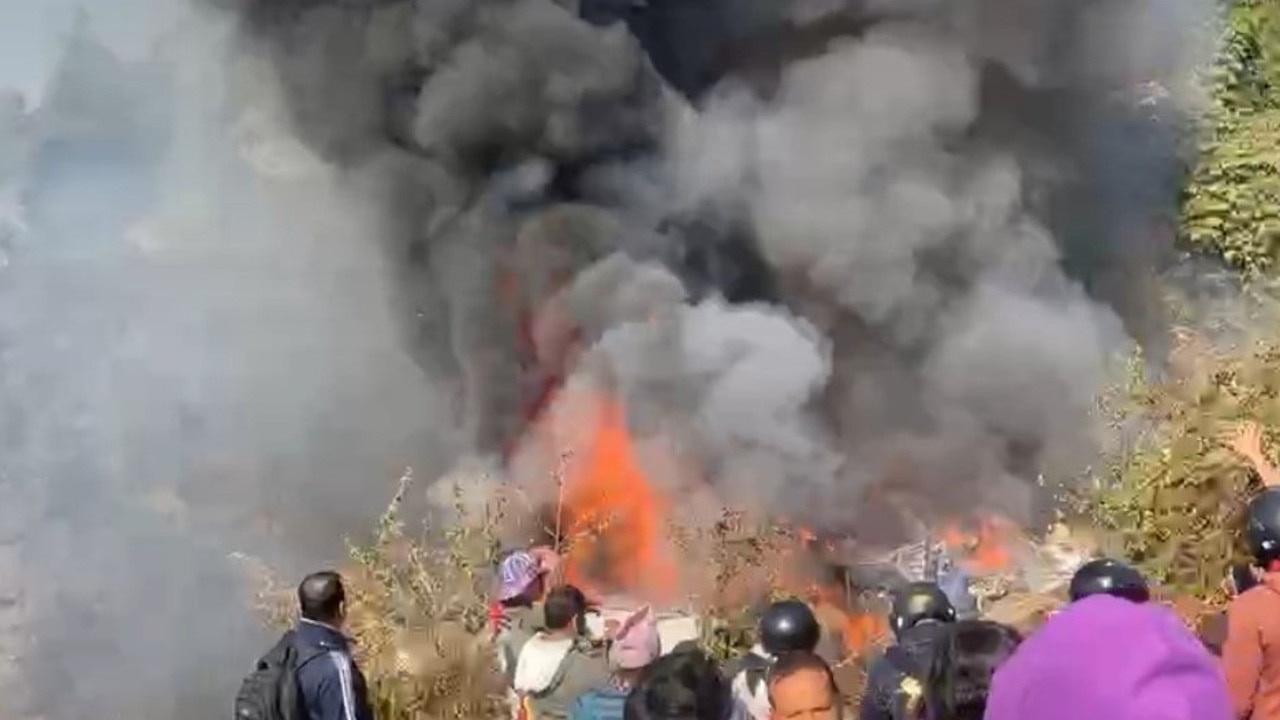 Flames are seen billowing from the crash site. Picture: Stringer/Anadolu Agency via Getty Images