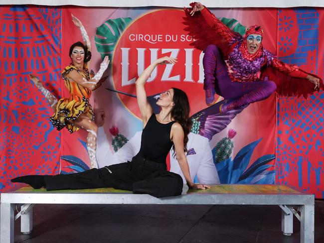 11/12/24: Journalist, Bianca Farmakis with hoop artists/acrobats from Cirque du Soleil's Luzia show, Helena Merton and Nathan Smyles to accompany an article about Review's experience training with the troupe. John Feder/The Australian.