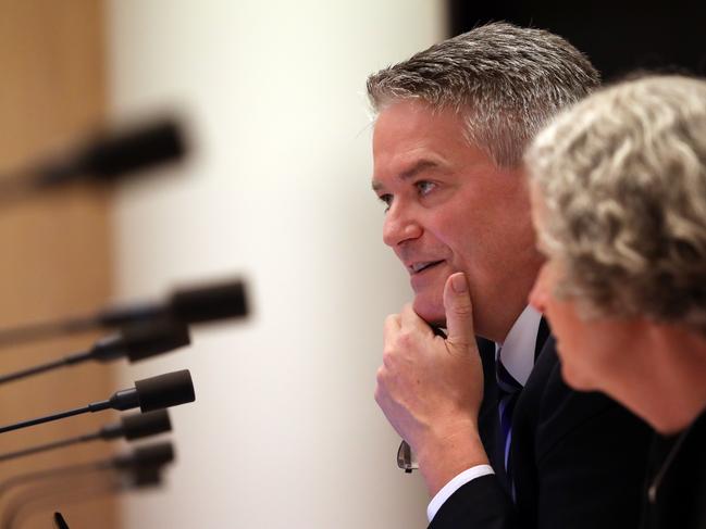 Senator Mathias Cormann with Deputy Secretary Stephanie Foster during Senate Estimates in Parliament House in Canberra. Picture Gary Ramage