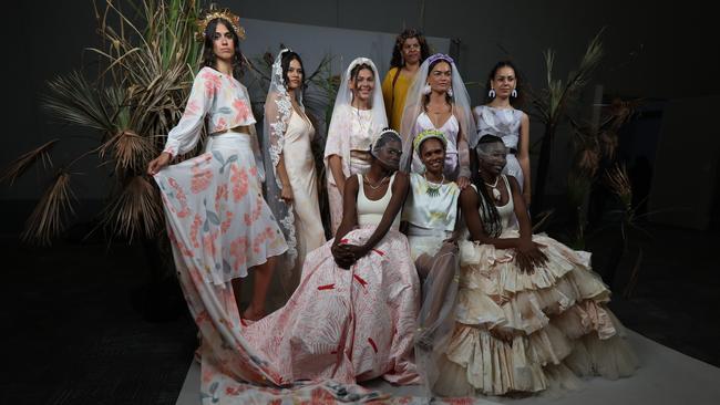 Designer Rowena Morgan with the wedding collection from the Broome-based women's art centre Nagula Jarndu at the 2024 Country to Couture show on Tuesday August 7. Picture: Zizi Averill