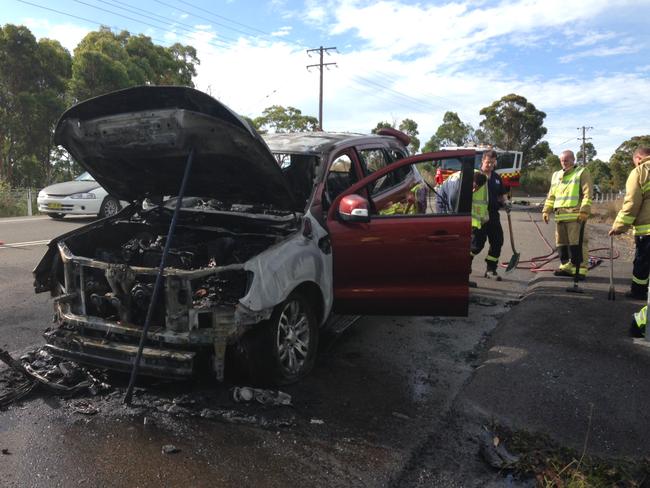 The aftermath of the fire which engulfed the Ford Everest while being road tested by CarsGuide journalist Peter Barnwell. Picture: Supplied