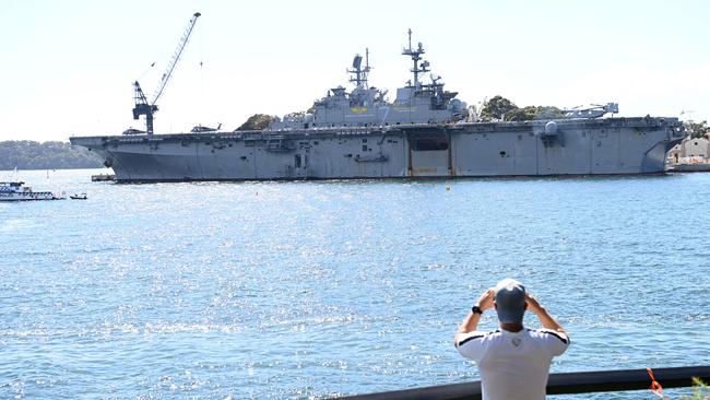 The American naval vessel USS Tripoli docked at Sydney’s Garden Island navel base. Picture: NCA NewsWire/Jeremy Piper